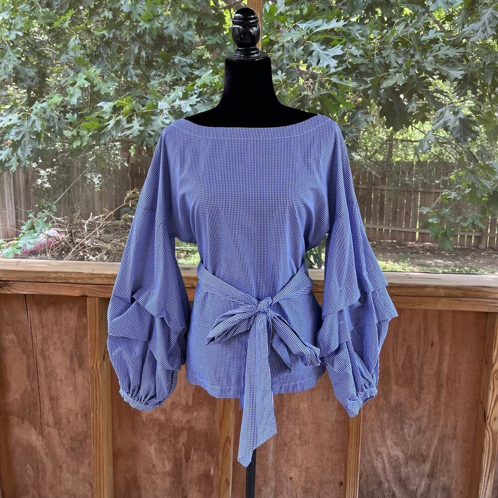 Banana Republic Women's Tuck Sleeve Top Blue Gingham Sizes S. NEW!